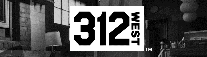 The logo for 312West against a black and white image of a costuming workshop.